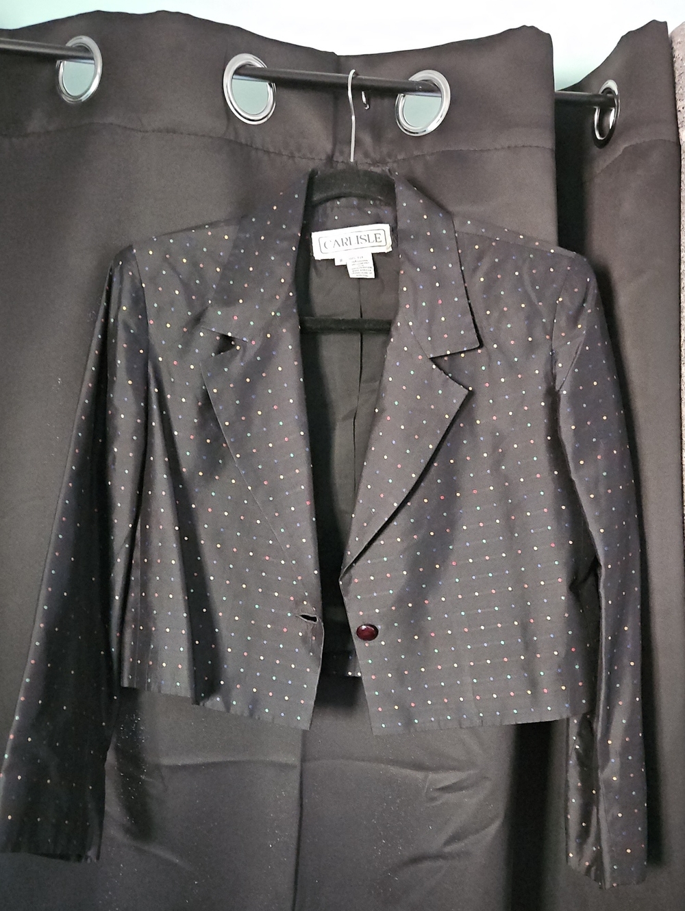 Carlisle 100% Silk Black Cropped Blazer Multicolor Metallic Embroidered Pin Dots